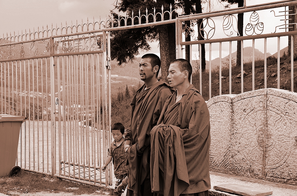 寺院年轻的喇嘛在大殿外诵经，佑护信徒的平安吉祥。